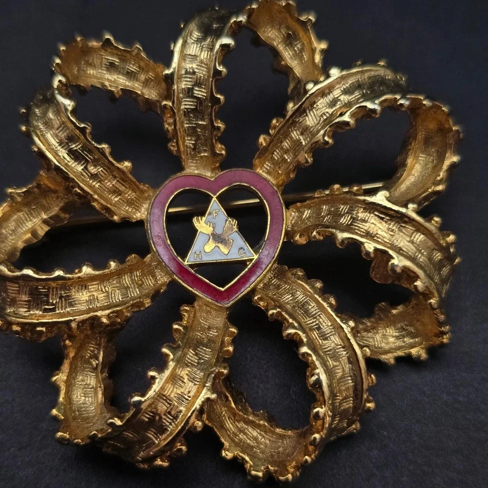 Vintage Moose Lodge Flower Brooch Gold Tone Faith Hope Charity